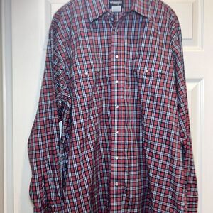 Wrangler Shirt‎ Mens 2XL Red Navy Check Plaid Pearl Buttons Snap Flap Pockets